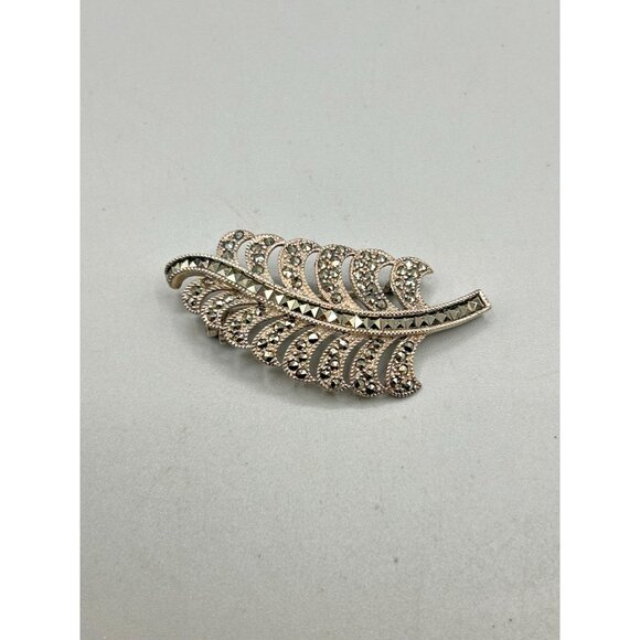 Vintage Sterling Silver & Marcasite Leaf Brooch Pin Classic Jewelry - Picture 2 of 7